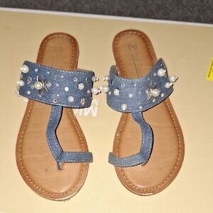 Blue Sandals with Pearl Embellishments